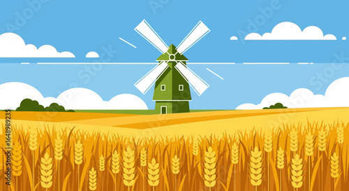 Golden Wheat Field With Windmill Under Blue Sky And Clouds Vector Illustration