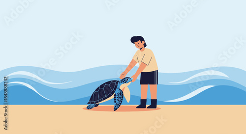 Helping A Turtle Back To The Ocean On A Sunny Day
