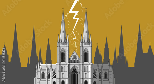 Gothic Cathedral Under Lightning Strikes Amidst City Skyline in a Dark Hue