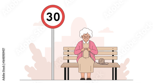 Grandmother Knitting On Park Bench Near Speed Limit Sign Concept Illustration