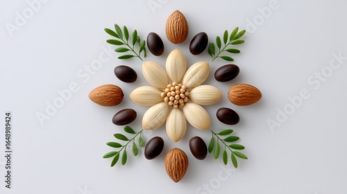 Wallpaper Mural Artistic arrangement of seeds and nuts shaped like a flower, with green leaves enhancing design. Torontodigital.ca