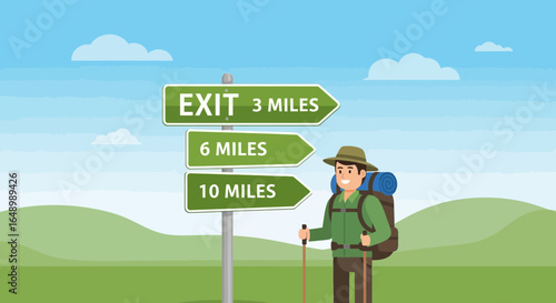 Hiker At Crossroads Deciding Distances On Green Signpost For Trail Choice