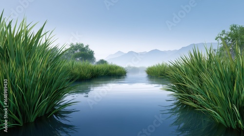 Serene landscape of calm waters surrounded by lush green grass and mountains in the distance.