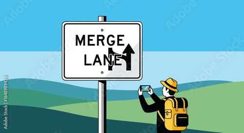 Hiker Capturing Road Sign On A Scenic Route With Mobile Device Photo