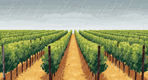 Grape Harvest Under A Rainy Sky An Illustration Of Vineyard Landscape