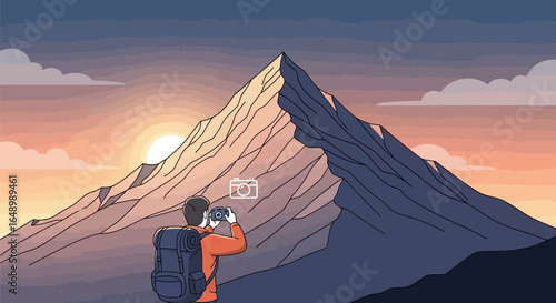 Hiker Capturing Mountain Scenery At Sunset With Camera Adventure Lifestyle