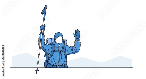 Hiker Celebrating Victory Reaching Mountain Top In Winter Clothing Isolated Concept