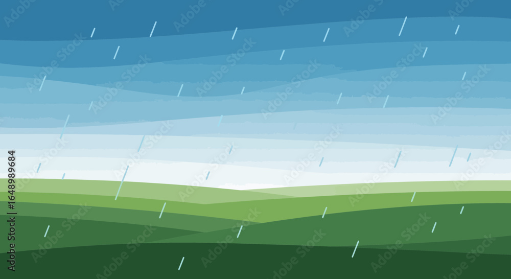 Obraz premium Green Fields Under Shifting Sky With Rainy Weather Vector Illustration