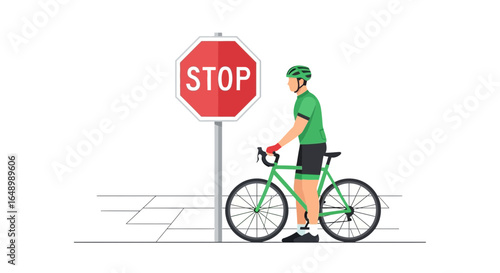 Green Cyclist Abiding By The Road Rules And Stopping At Sign For Safety