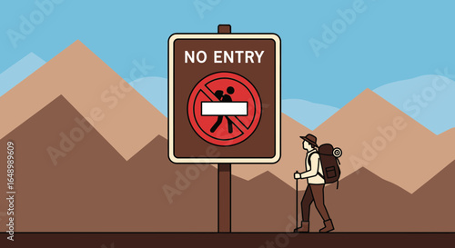 Hiker Disregards No Entry Sign Hiking Into Restricted Area in Desert Mountains