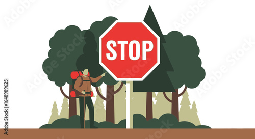 Hiker Encountering A Stop Sign During Forest Hiking Adventure Illustration
