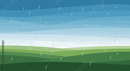 Green Fields Under Shifting Sky With Rainy Weather Vector Illustration