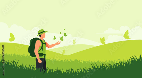 Hiker Enjoying Nature With Butterflies On A Scenic Green Landscape