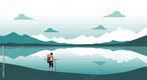 Hiker Enjoying Serene Mountain Lake Landscape With Calm Waters And Mountain Reflection