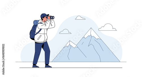 Hiker Explore Distant Mountain Peaks Using Binoculars In Nature Landscape Drawing