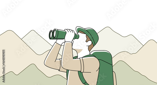 Hiker Exploring Mountain Views Through Binoculars Adventure In The Wilderness