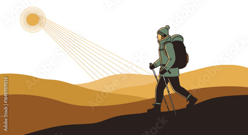 Hiker Exploring Desert Landscape Under Sunny Skies During Winter Season