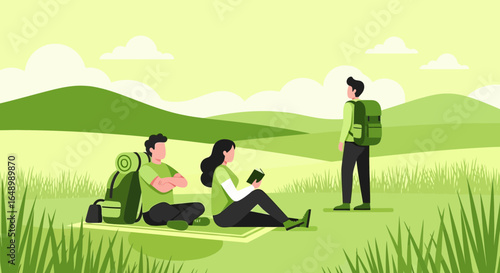 Green Trip With Friends In a Sunny Meadow In Summer Days Is An Excellent Time