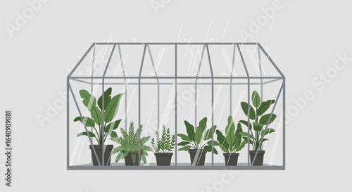 Greenhouse Garden With Various Plants During Rain Showcasing Botanical Diversity