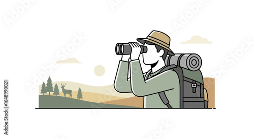 Hiker Observing Wildlife With Binoculars Enjoying Peaceful Mountain Vista