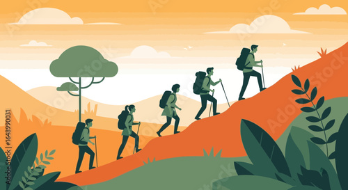 Group of backpackers hiking up a hill in a stylized outdoor landscape illustration