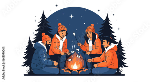 Group Of Friends Camping In The Forest Roasting Marshmallows On A Bonfire