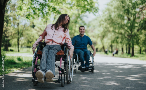 Wallpaper Mural A happy couple navigating a park in wheelchairs, laughing and enjoying nature, highlighting inclusivity and joy in the outdoors. Torontodigital.ca