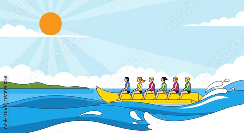 Group Of Friends Enjoying A Banana Boat Ride Under The Summer Sun