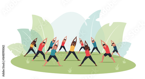 Group of diverse people practices yoga outdoor in nature background illustration vector practicing healthy lifestyle in garden