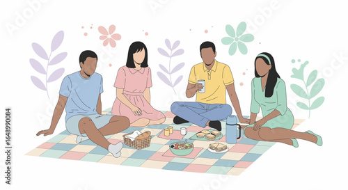 Group Of Friends Enjoying A Picnic Together Outdoors In A Park Illustration