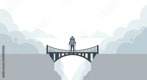 Hiker On Bridge Against Mountain Backdrop Minimalistic Vector Illustration