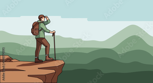 Hiker On Mountain Peak Enjoys The Panoramic View Of The Mountain Range Scenery