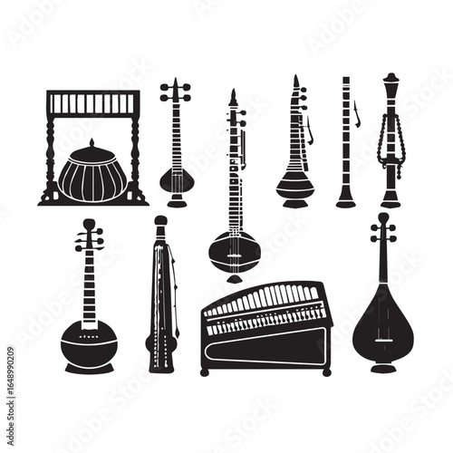 Vector art of collection of black and white silhouette illustrations of various traditional indian musical instruments, including string, wind, and percussion types, isolated on a white background