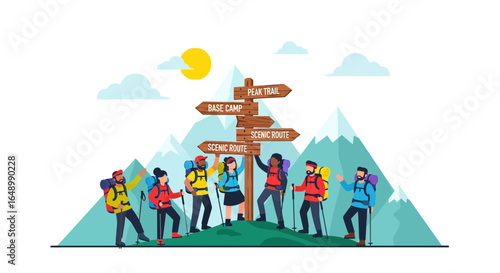 Group Of Hikers Achieving Milestone On Scenic Mountain Trail Adventure