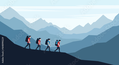 Group Of Hikers Ascending A Mountain Range In Minimalist Style Illustration