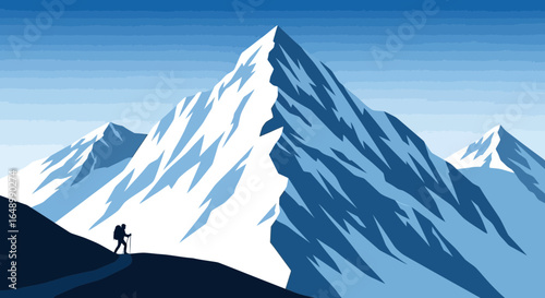 Hiker Reaching For Snowy Mountain Peak In Winter Adventure Landscape