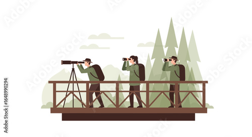 Group Of Hikers Exploring Nature With Telescopes And Binoculars On Bridge