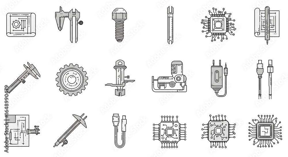 Obraz premium A diverse set of thin line icons representing industrial tools, automotive parts, and computer technology hardware