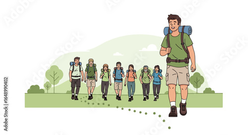Group Of Young People With Backpacks Hiking On A Nature Trail Together