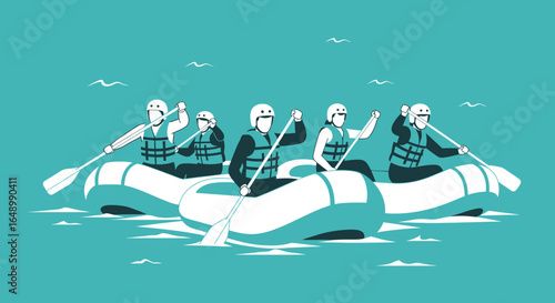 Group Rafting Adventure Illustration on Waterway For Recreation and Exploration