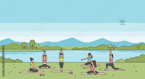 Group Of Young Women Practicing Yoga Outdoor With A Beautiful Landscape
