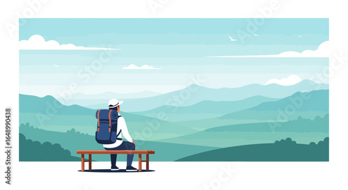 Hiker Resting On Bench, Enjoying Mountain Range Panorama View Outdoors Graphic