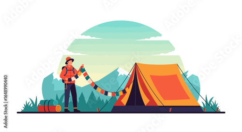 Hiker Resting Near Tent Adorned With Prayer Flags Against Mountain Scenery