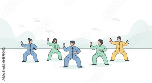 Group Practicing Traditional Tai Chi Forms in Harmony with Nature Illustration