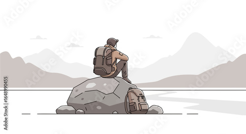 Hiker Resting On Rock Enjoying View Minimalist Style Grayish Color Palette