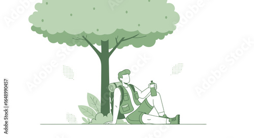 Hiker Resting Under Tree With Backpack And Water Bottle In Nature