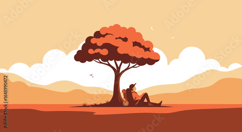 Hiker Resting Underneath A Tree Relaxing In The Quiet Of Nature