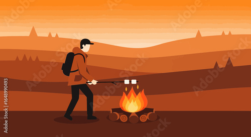 Hiker Roasting Marshmallows At Campfire Enjoying Outdoor Recreation Sunset Scenery