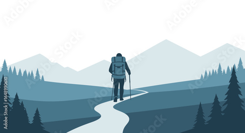 Hiker silhouette trekking through a mountain landscape with a scenic path to follow