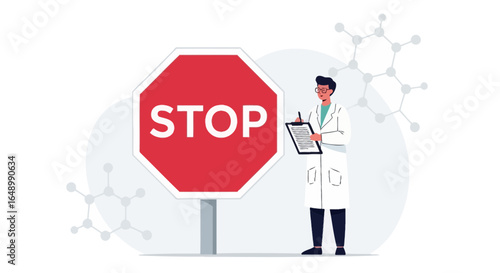Halting Scientific Research Doctor Analyzing Stop Sign With Molecule Background